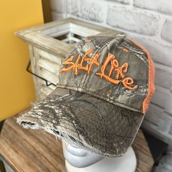 Salt Life Camo & Orange Distressed Snapback Hat - Picture 1 of 5